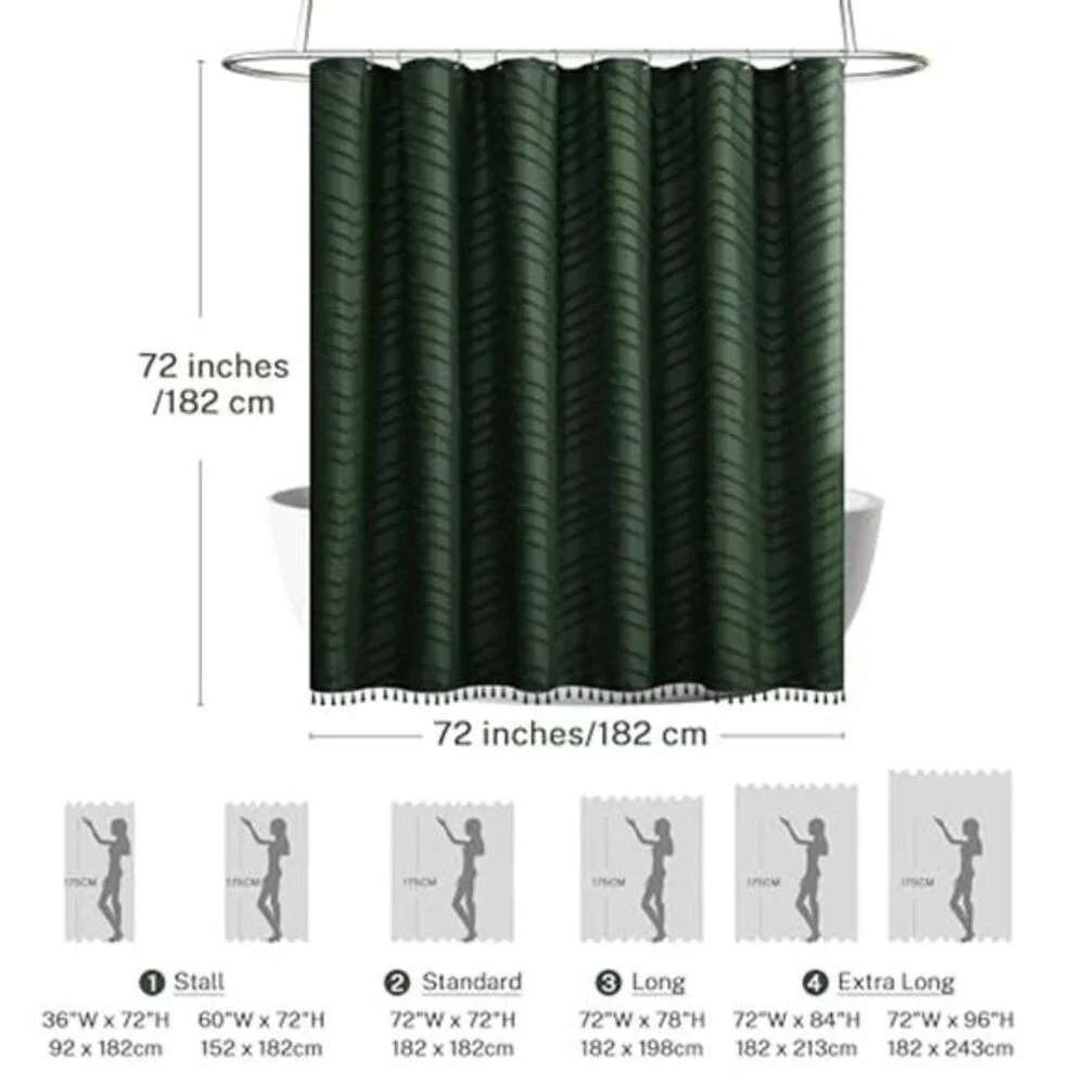 Dark Green Boho Shower Curtain with Tassel Woven Fabric Shower Curtain 72 x 72